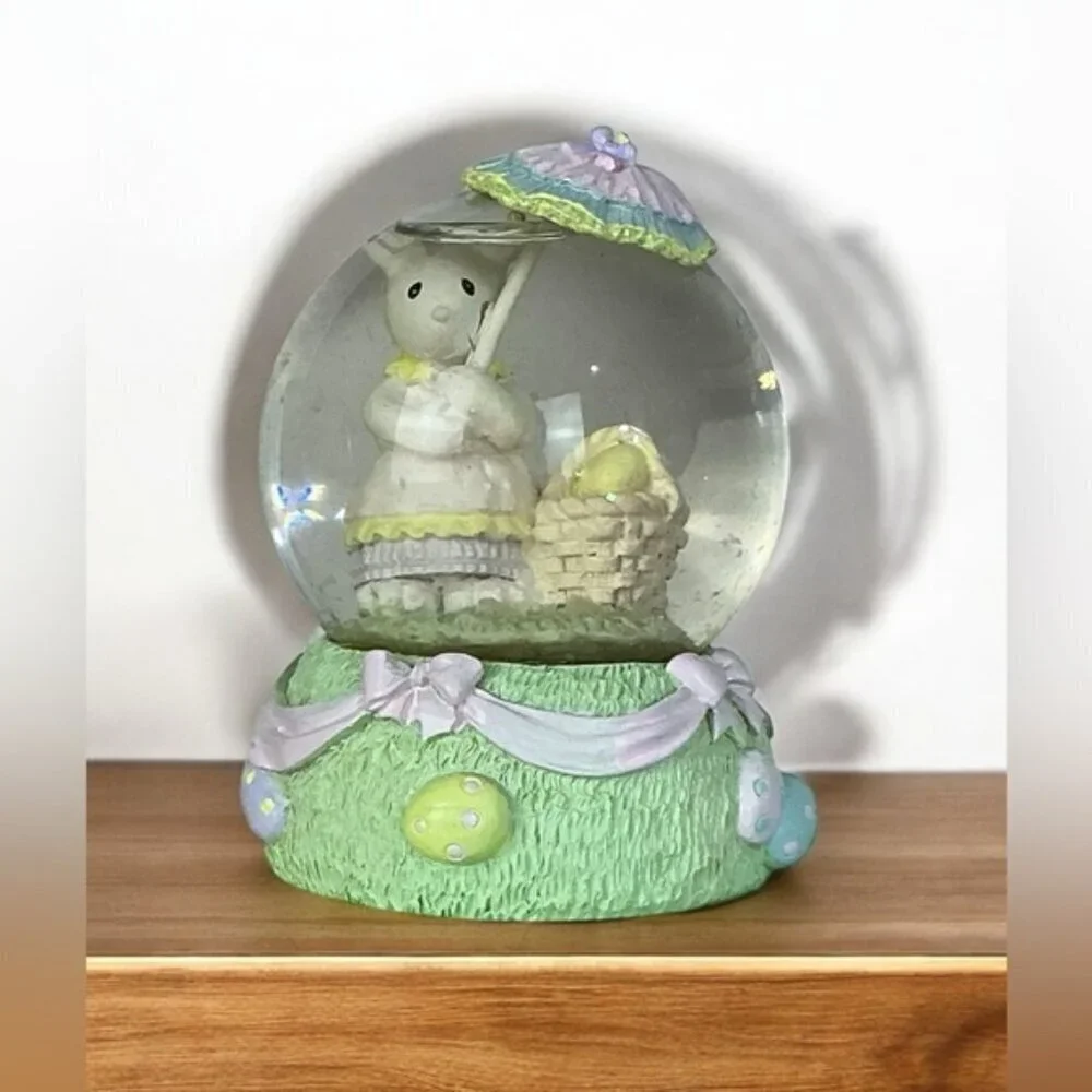 Snow Globe Vintage Easter Bunny Umbrella Spring Water Glitter Globe Pastel 1990
